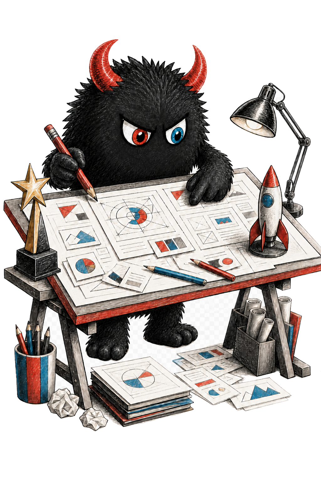 An original OMG monster directing a creative workshop at a drafting table