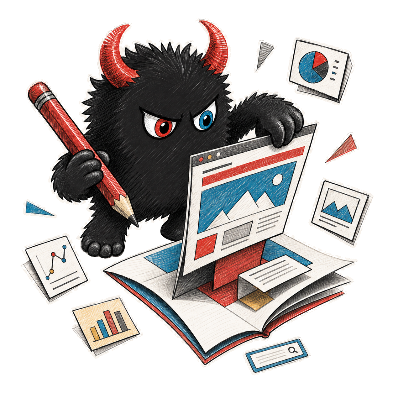 New OMG monster building a paper website with a red pencil